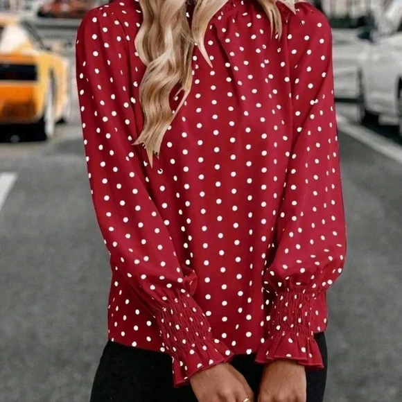 Polka DotPrint Lantern Blouse Frill Trim Blouse - Picture 5 of 5